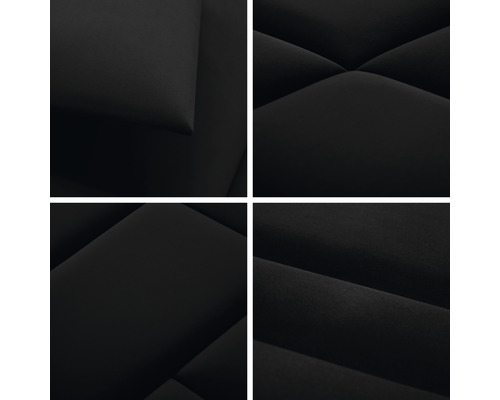 Närbild av en svart akustikpanel med vadderad yta för ljudabsorption