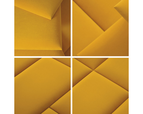 Närbild av gula akustikpaneler med geometriskt mönster för ljudabsorption