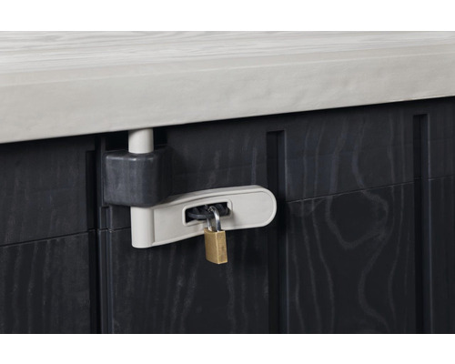 Detaljvy av en trädgårdsbox med hänglås