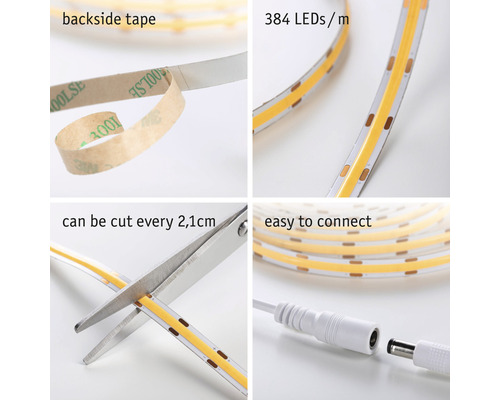 LED-strip med tejp på baksidan, 384 lysdioder per meter, kan klippas var 2,1 cm, lätt att ansluta.