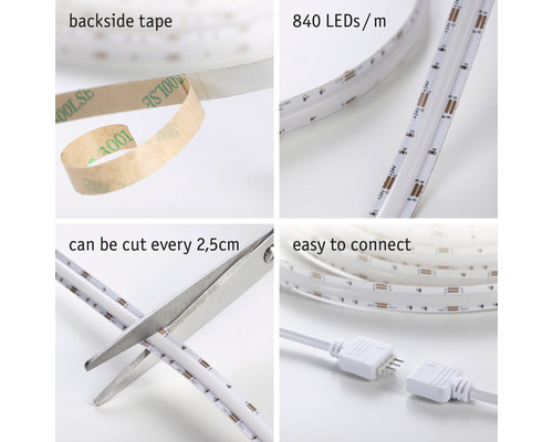 LED-strip med tejp på baksidan, 840 LED per meter, kan kapas var 2,5 cm och är enkel att ansluta.
