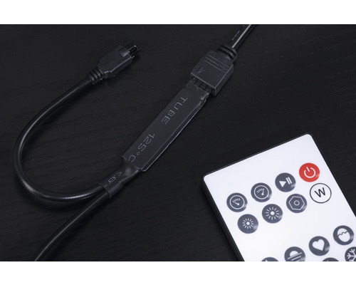 Svart kabel med kontakt och en vit fjärrkontroll