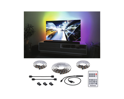 Paulmann Ambiance LED-slinga med fjärrkontroll för indirekt belysning bakom en TV.