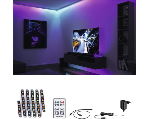 Paulmann LED-strip i vardagsrummet med tillbehör som fjärrkontroll och nätaggregat