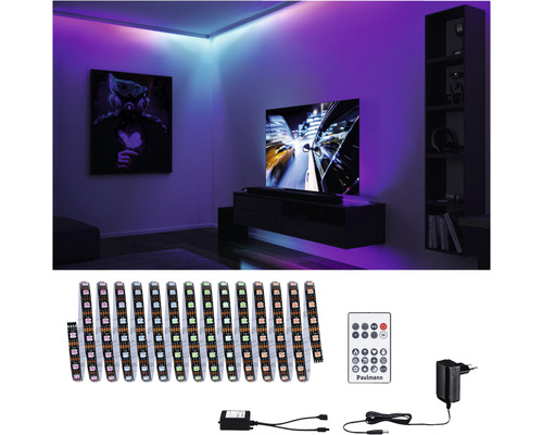 Vardagsrum med indirekt belysning genom LED-remsor, inklusive fjärrkontroll, nätadapter och styrning