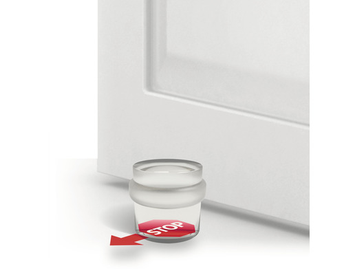 Dörrstopp av transparent material med röd stoppskylt framför en dörr