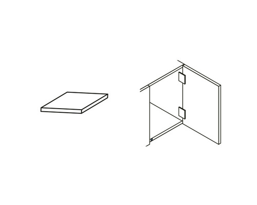 Schematisk representation av en duschvägg med hörningång och fyrkantig duschhylla