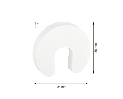 Vit dörrstopp med måtten 94 millimeter gånger 86 millimeter gånger 17 millimeter.