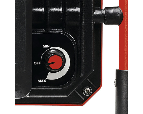 Detaljvy av en bygglampa med en vridknapp för att justera från minimal till maximal ljusstyrka och en avstängningsfunktion