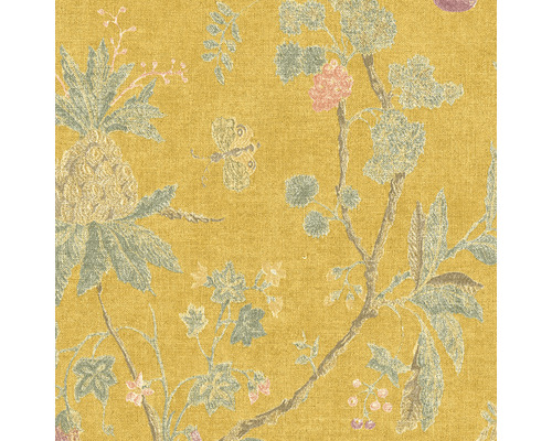 Gul tapet med ananas-, fjärils- och växtmönster