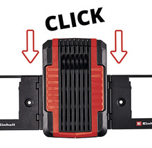 Einhell logotyp. Fästsystem för lampa med klickfunktion.