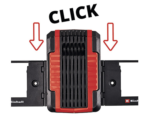 Einhell logotyp. Fästsystem för lampa med klickfunktion.