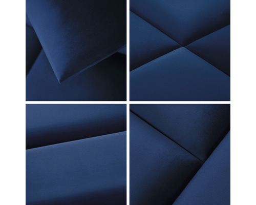 Närbild av fyra blå akustikpaneler med geometriska mönster