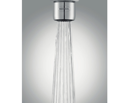 Neoperl-logotyp på vattenkranstrålsamlare med rinnande vatten