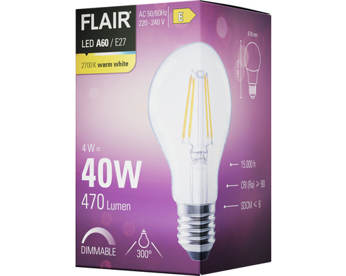 Förpackning för en Flair LED A60 E27-lampa, 4 watt motsvarar 40 watt, 470 lumen, 2700 kelvin varmvit, dimbar