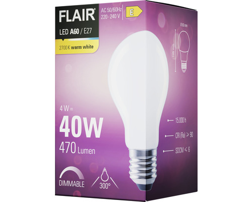 Förpackning för en Flair LED A60 / E27-lampa på 4 watt, motsvarande 40 watt, 470 lumen, 2700 kelvin varmvit och dimbar