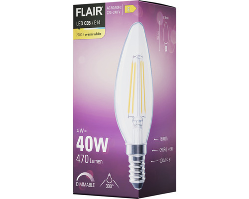 FLAIR LED-lampa C35/E14, 4 watt motsvarar 40 watt, 470 lumen, 2700 Kelvin varmvit, dimbar