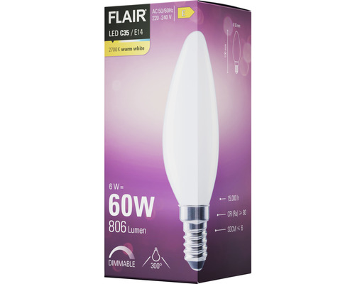 Flair LED-lampa C35 E14, 6 watt, motsvarar 60 watt, 806 lumen, 2700 kelvin varmvit, dimbar