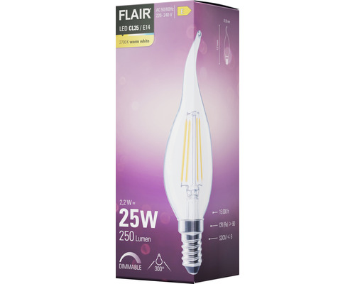 Förpackning för en Flair LED-lampa CL35/E14 med 2,2 watt och 250 lumen