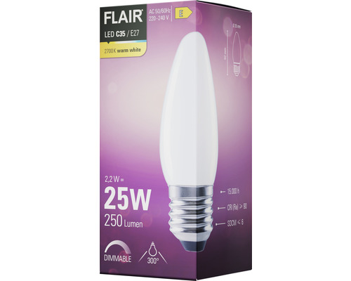 FLAIR LED-lampa C35 E27, 2,2 W, 250 lumen, dimbar