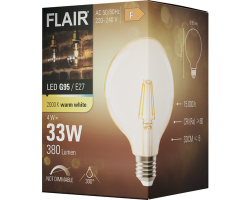 Flair LED-lampa G95 E27, 4 watt, 33 watt jämförelsevärde, 380 lumen, inte dimbar