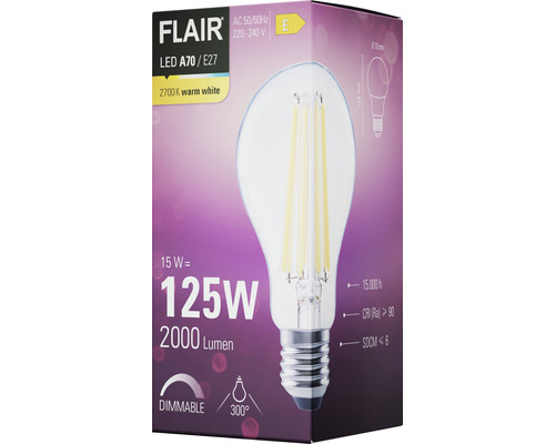 Förpackning med en dimbar Flair LED A70 E27-lampa med 2700 Kelvin och 2000 lumen