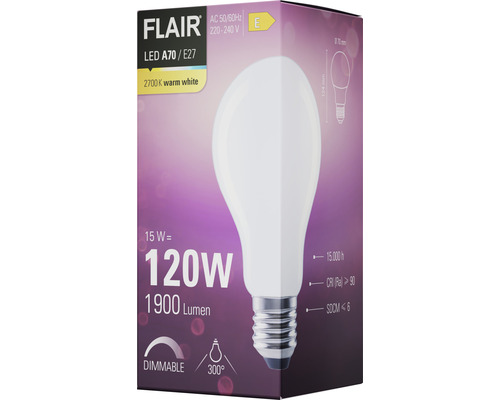 Förpackning av en dimbar Flair LED-lampa A70/E27 med 120 watt och 1900 lumen