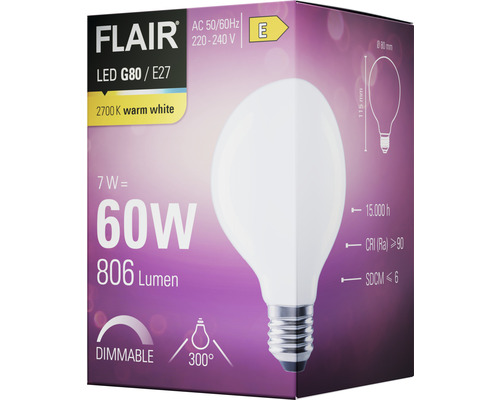 FLAIR LED G80 E27 lampa i produktförpackning