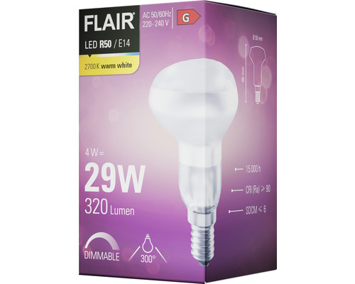 Förpackning för en Flair LED R50/E14-lampa med 2700 Kelvin varmvitt ljus