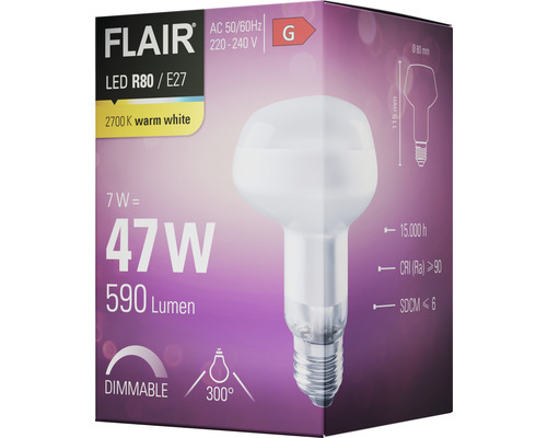 Förpackning av en dimbar Flair LED R80 E27-lampa med 7 watt effekt, motsvarar 47 watt