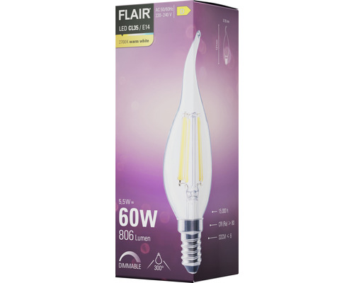 FLAIR LED-lampa CL35/E14, 5,5 watt, 806 lumen, 2700 kelvin varmvit, dimbar