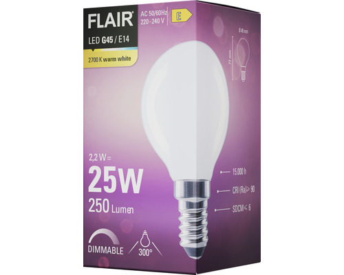 Förpackning för en Flair LED-lampa G45 E14, 2,2 watt, 25 watt ekvivalent, 250 lumen, 2700 kelvin varmvit, dimbar