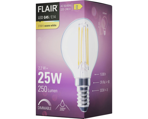FLAIR LED-lampa G45/E14, 2700K varmvit, dimbar