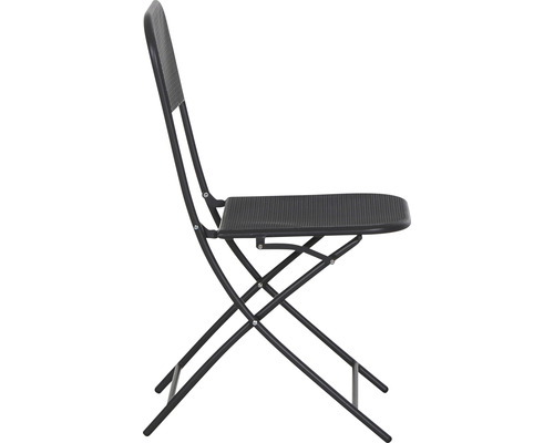 Svart hopfällbar stol i metall i sidovy.