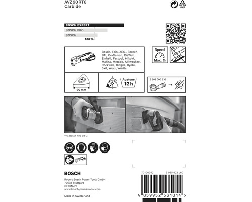 Baksidan av förpackningen för Bosch AVZ 90 RT6 Carbide Expert multiverktygstillbehör