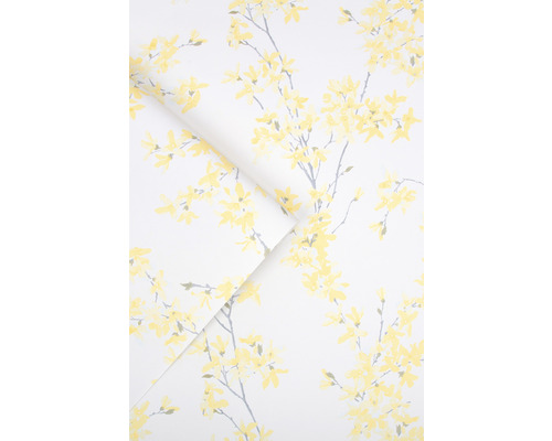 Tapet med blommönster, grenar och gula blommor