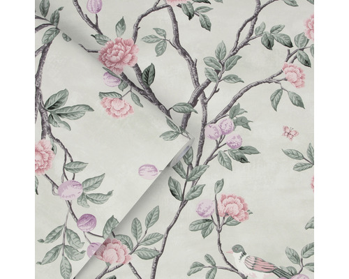 Tapet med blommönster, grenar och fågelmotiv