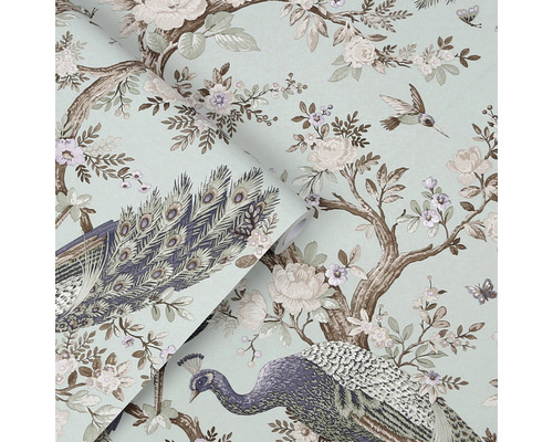 Tapet med mönster av påfåglar, blommor och fåglar