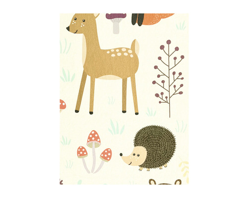 Illustration med rådjur, igelkott och svampar