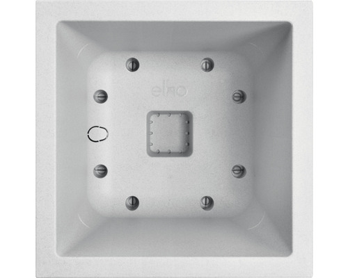 Ovanifrån av en fyrkantig blomlåda med skruvar och Elho-logotypen