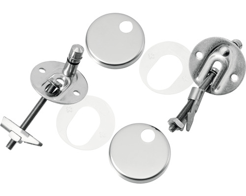 Fästset för toalettsitsar, bestående av skruvar, brickor och täcklock