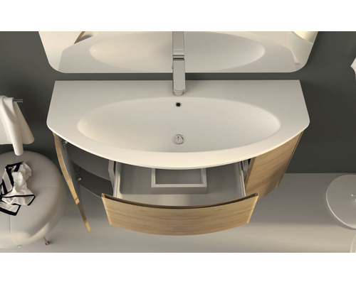 Toppvy av ett badrum med handfat, spegel och underskåp med låda