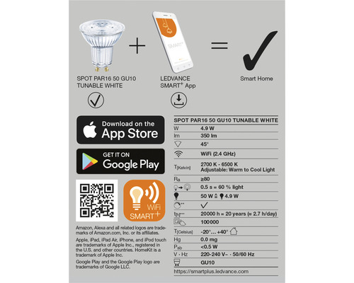 Information om LEDVANCE SMART+ App Spot PAR16 50 GU10 ställbar vit