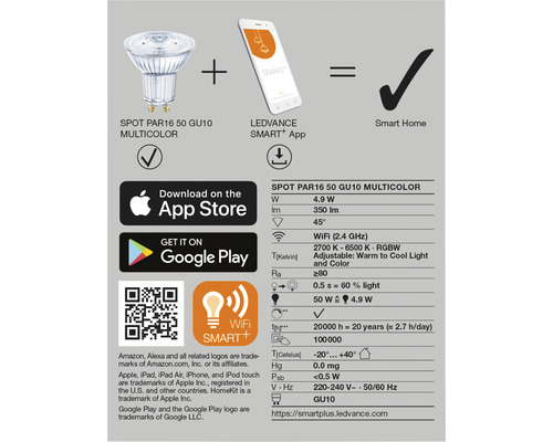 Produktinformation: PAR16 50 GU10 Multicolor LED-spot, kompatibilitet med smartphone-app, Smart Home-funktion