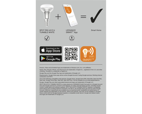 Illustration av den smarta styrningen av SPOT R50 40 E14-lampan med LEDVANCE SMART+-appen för ett smart hem.