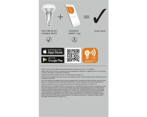 Information om användning av LEDVANCE Smart Home-produkter: SPOT R63 60 E27-lampa, LEDVANCE SMART+-app, Google Home