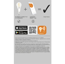 Produktinformation om LEDVANCE Filament Classic P 40 E14 dimbara lampa och tillhörande Smart Plus-app för Smart Home-applikationer