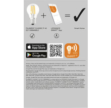 Produktinformation om LEDVANCE Smart Home Filament Classic P 40 E27 Dimmable lampa och LEDVANCE Smart+-appen