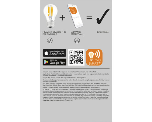 Produktinformation om LEDVANCE Smart Home Filament Classic P 40 E27 Dimmable lampa och LEDVANCE Smart+-appen
