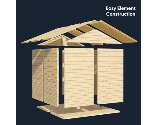 Enkel elementkonstruktion av ett trädgårdshus i trä.